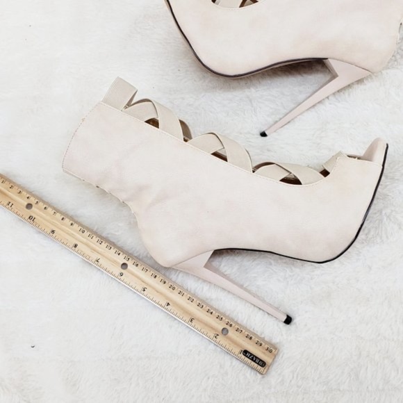 * Mona Mia Nude Peep Toe Wide Elastic Straps 4 3/4" Stiletto Heel Ankle Boots - Picture 9 of 9